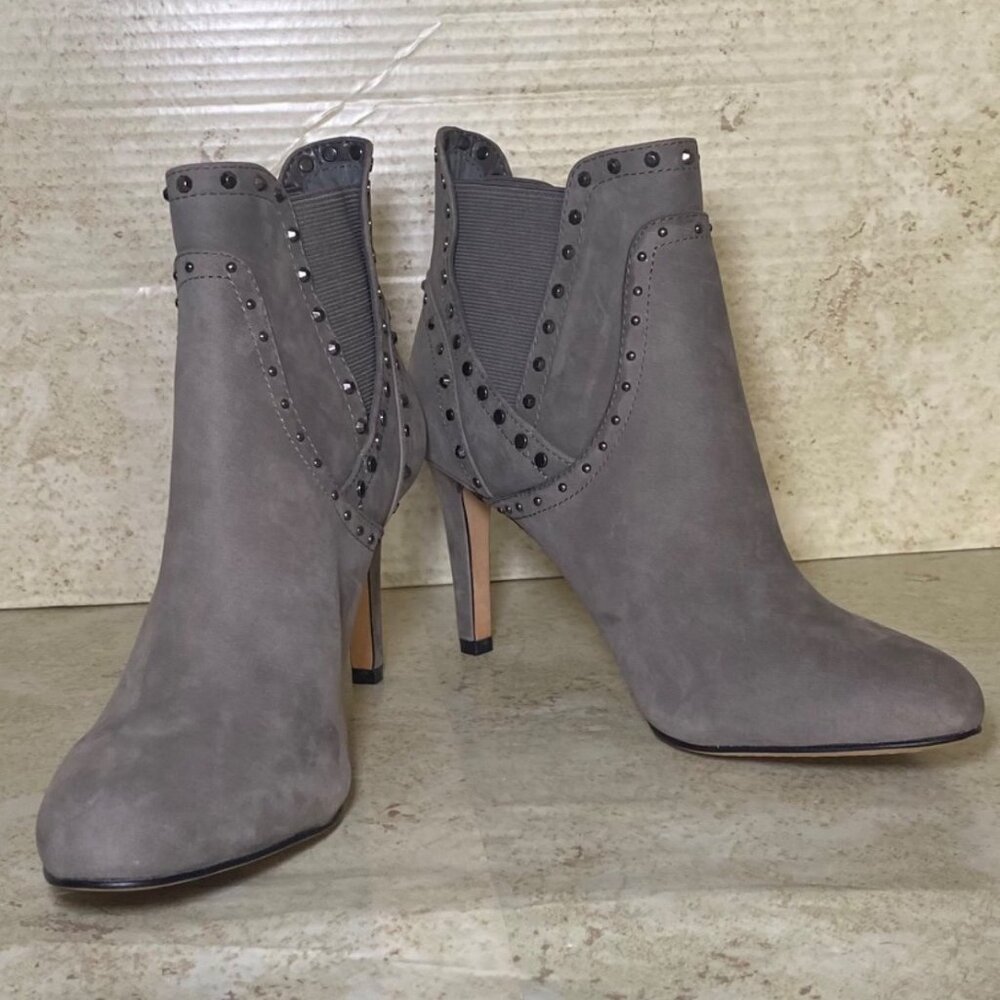 Gray Suede Studded High Heel Ankle Boots‎ With Elastic Gore Detail